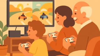 子ども・親・祖父母の3世代でSwitch2をテレビに繋いで一緒に遊ぶ様子