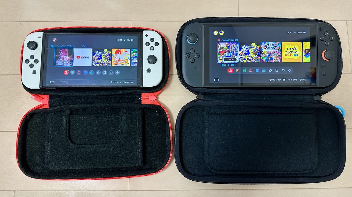 初代Switch用ケースとSwitch2用ケースを並べてサイズを比較した写真